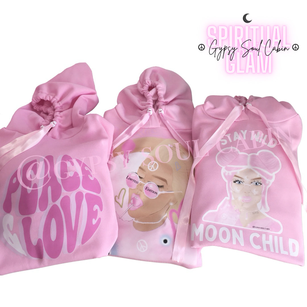Peace & Love Ruffle Sleeve Pink Oversized Hoodie