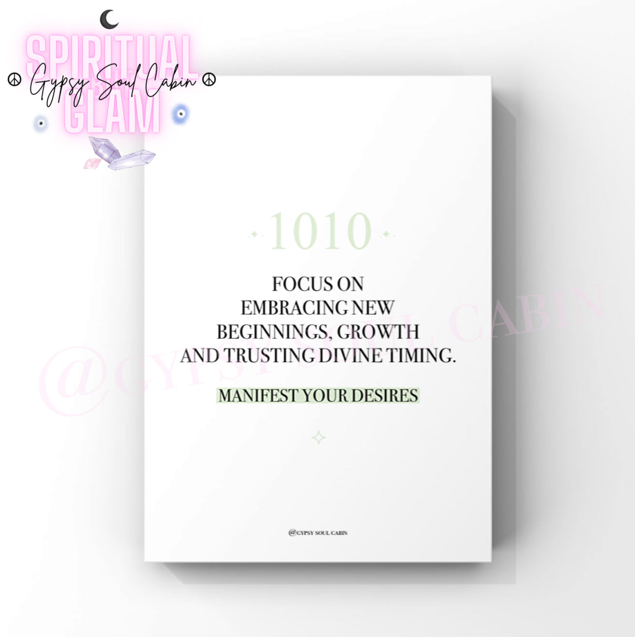 Aesthetic wall art print featuring a minimalist layout with the cosmic quote Focus On Embracing New Beginnings and 1010 in soft sage green.