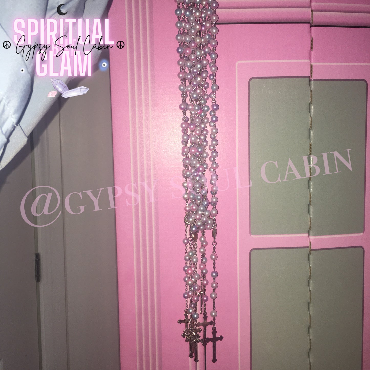 Pastel Pink, Blue, White Pearls Rosary Beads Holy Cross & Mary Charm Necklace Charm