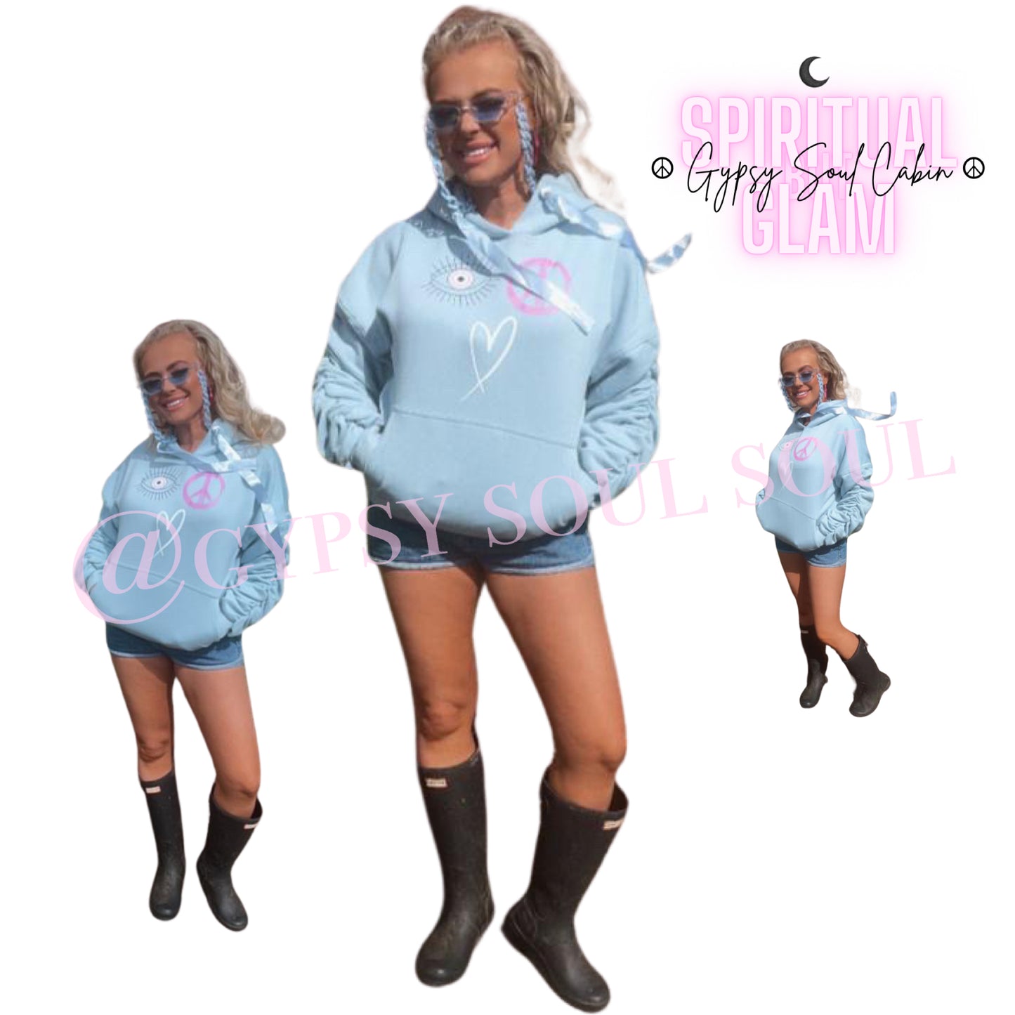 Peace, Love & Evil Eye Scrunched Sleeve Hoodie