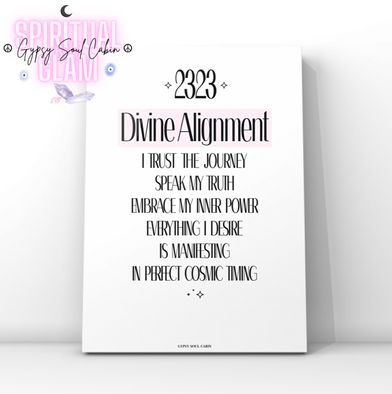 Minimalist spiritual typography print featuring angel number 2323, the text Divine Alignment, and an affirmation about trusting the cosmic journey.