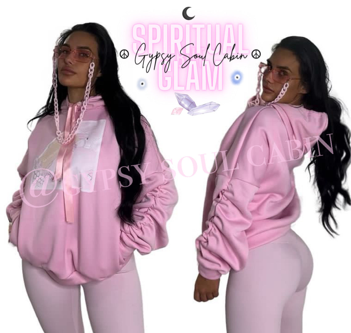 No Time For Drama Art Pink Scrunched Armed Pullover Hoodie