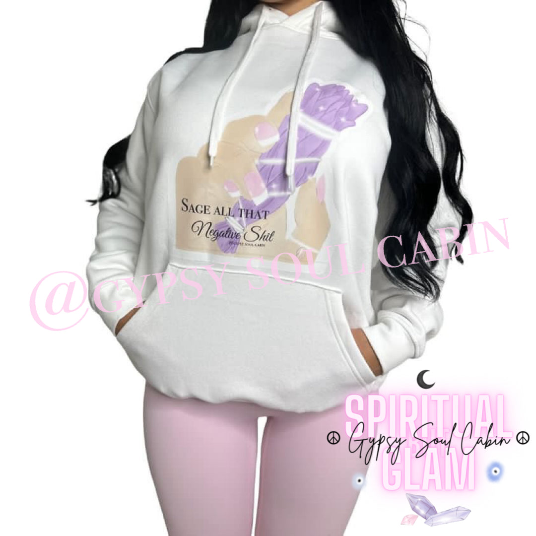 Sage All That Negative Shit White Front Pocket Pullover Oversized Hoodie