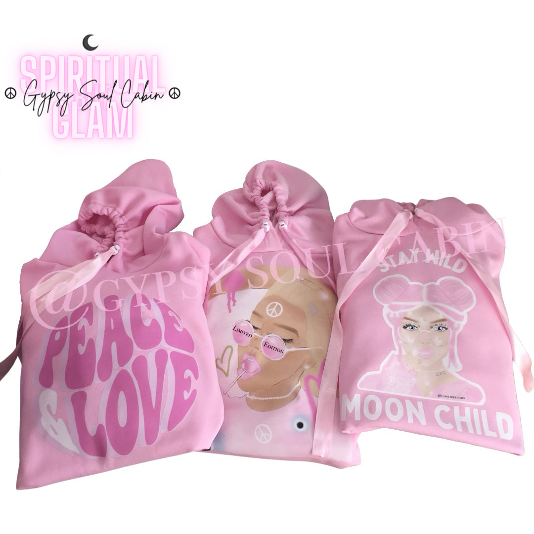 Stay Wild Moon Child Girl Art Pink Scrunched Sleeve Hoodie