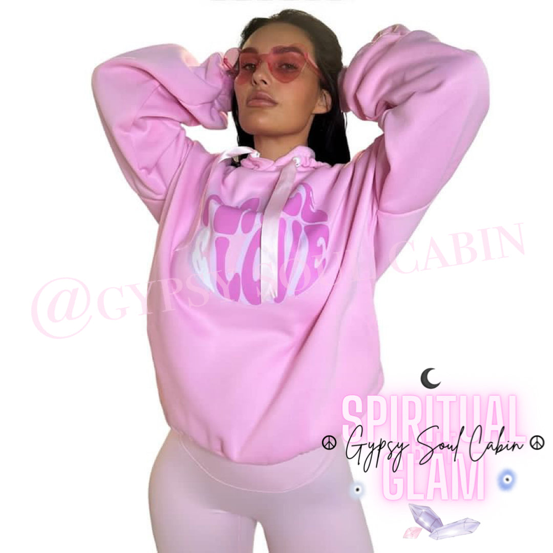 Peace & Love Ruffle Sleeve Pink Oversized Hoodie