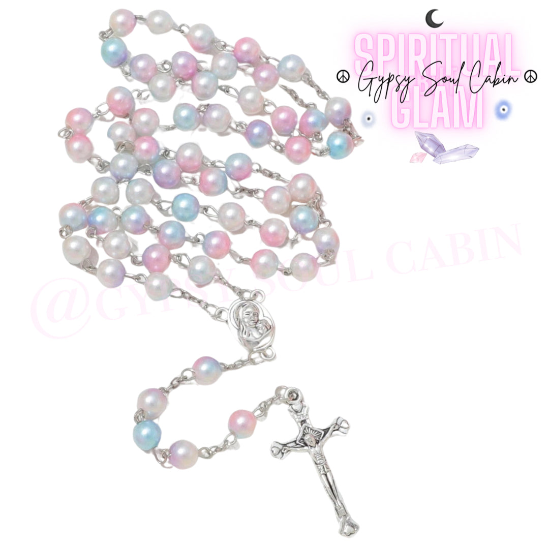 Pastel Pink, Blue, White Pearls Rosary Beads Holy Cross & Mary Charm Necklace Charm
