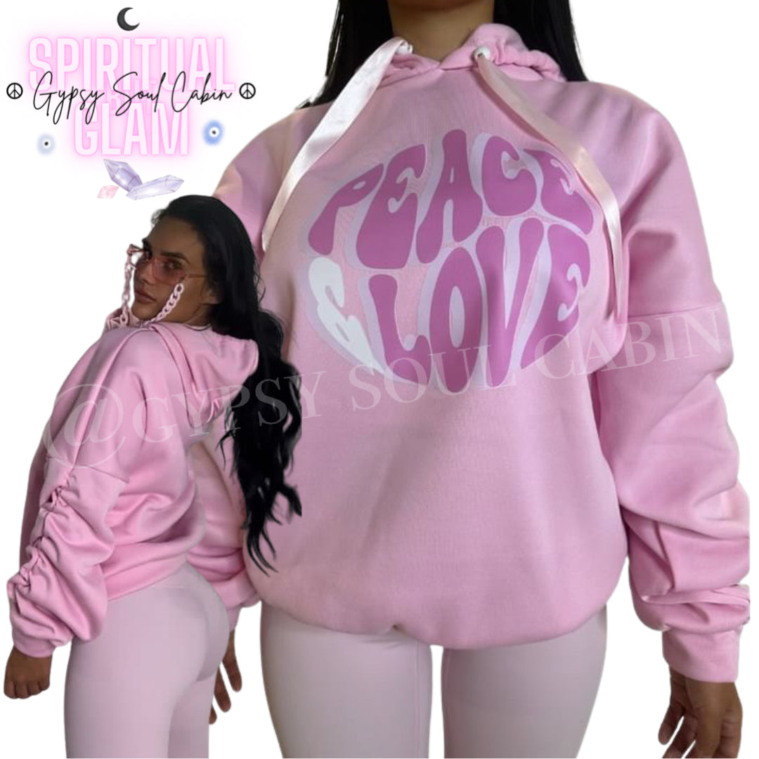 Peace & Love Ruffle Sleeve Pink Oversized Hoodie