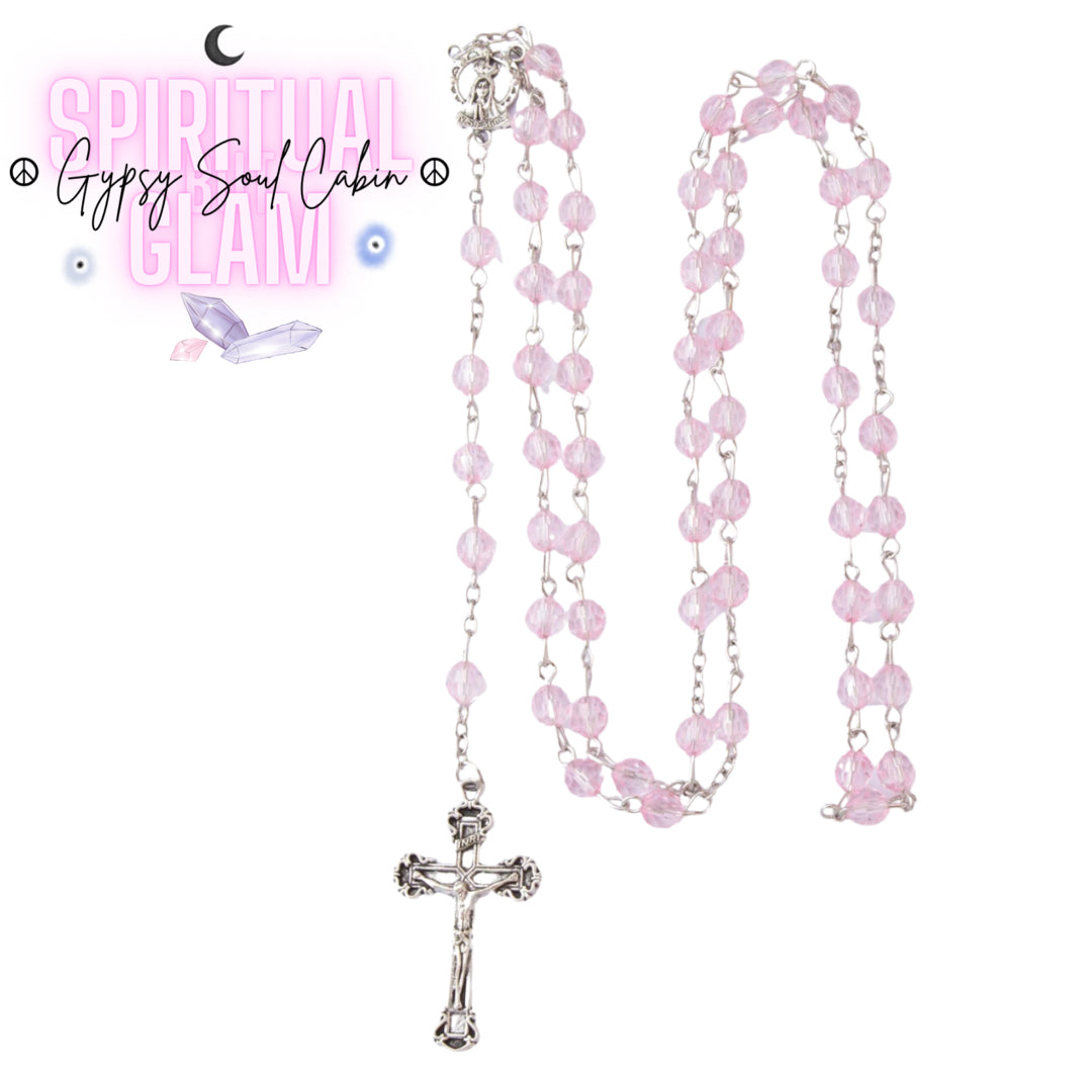 Pink Crystal Rosary Beads Holy Cross & Mary Charm Necklace Charm