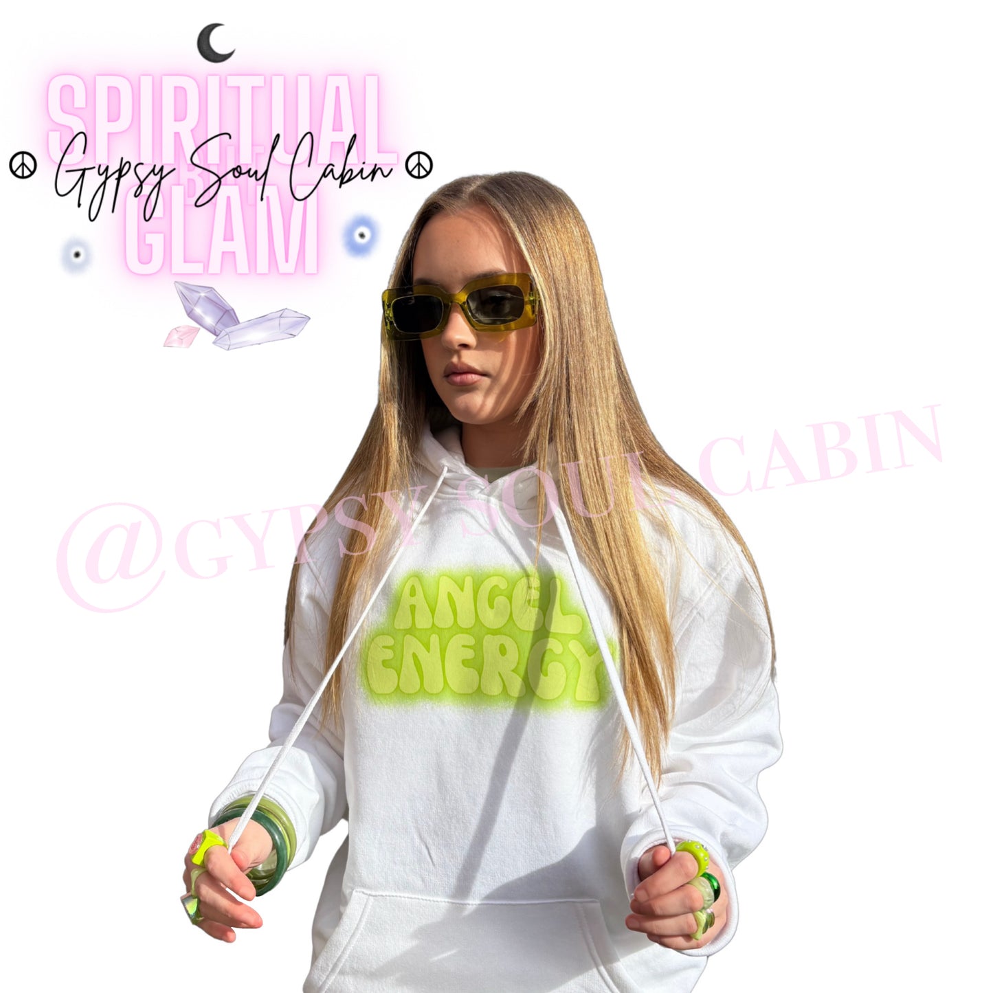 Angel Energy White Quisha Green Front Pocket Girls, Women’s Oversized Hoodie