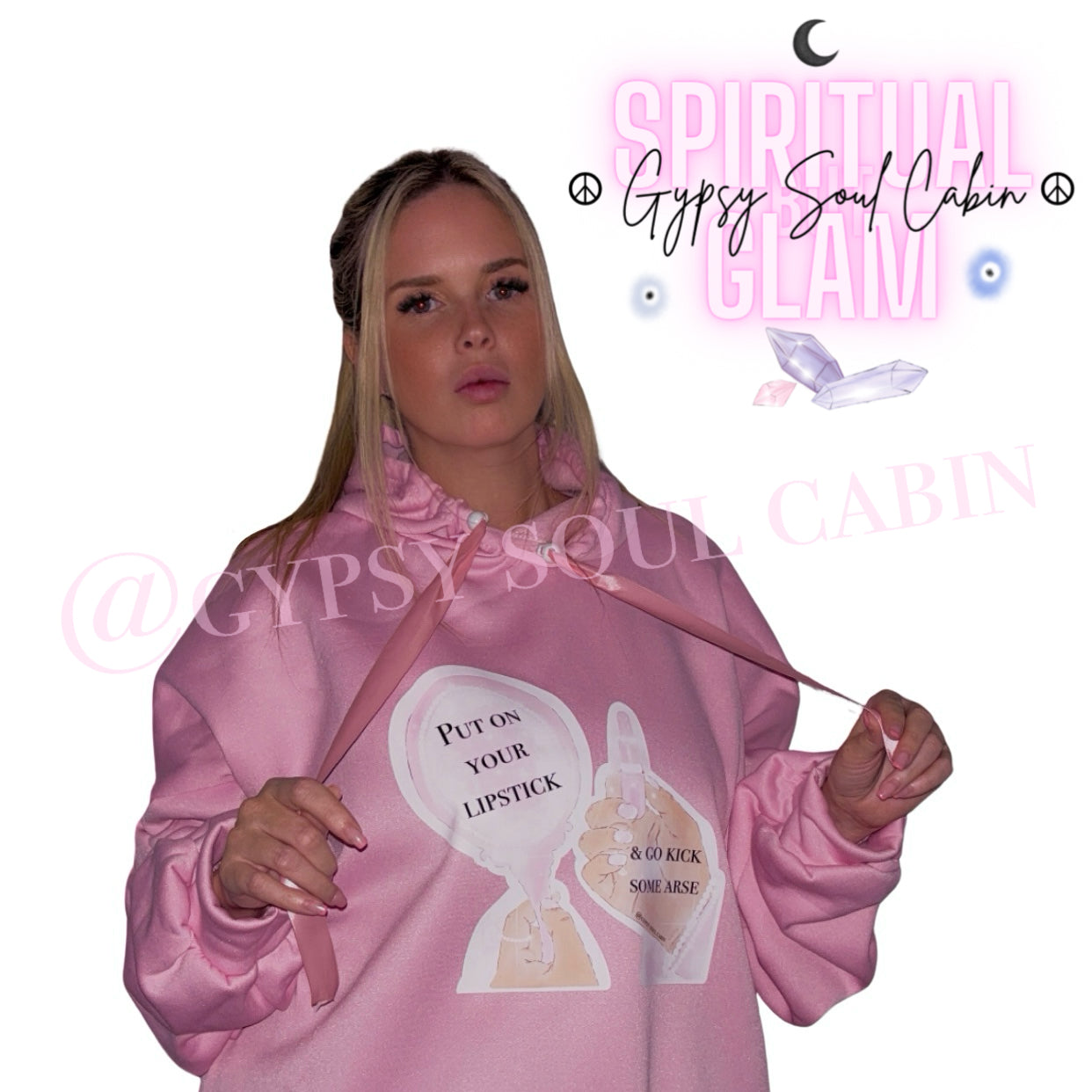 Put On Your Lipstick Quote Art Pink Scrunched Sleeve Oversized Limited Edition Hoodie