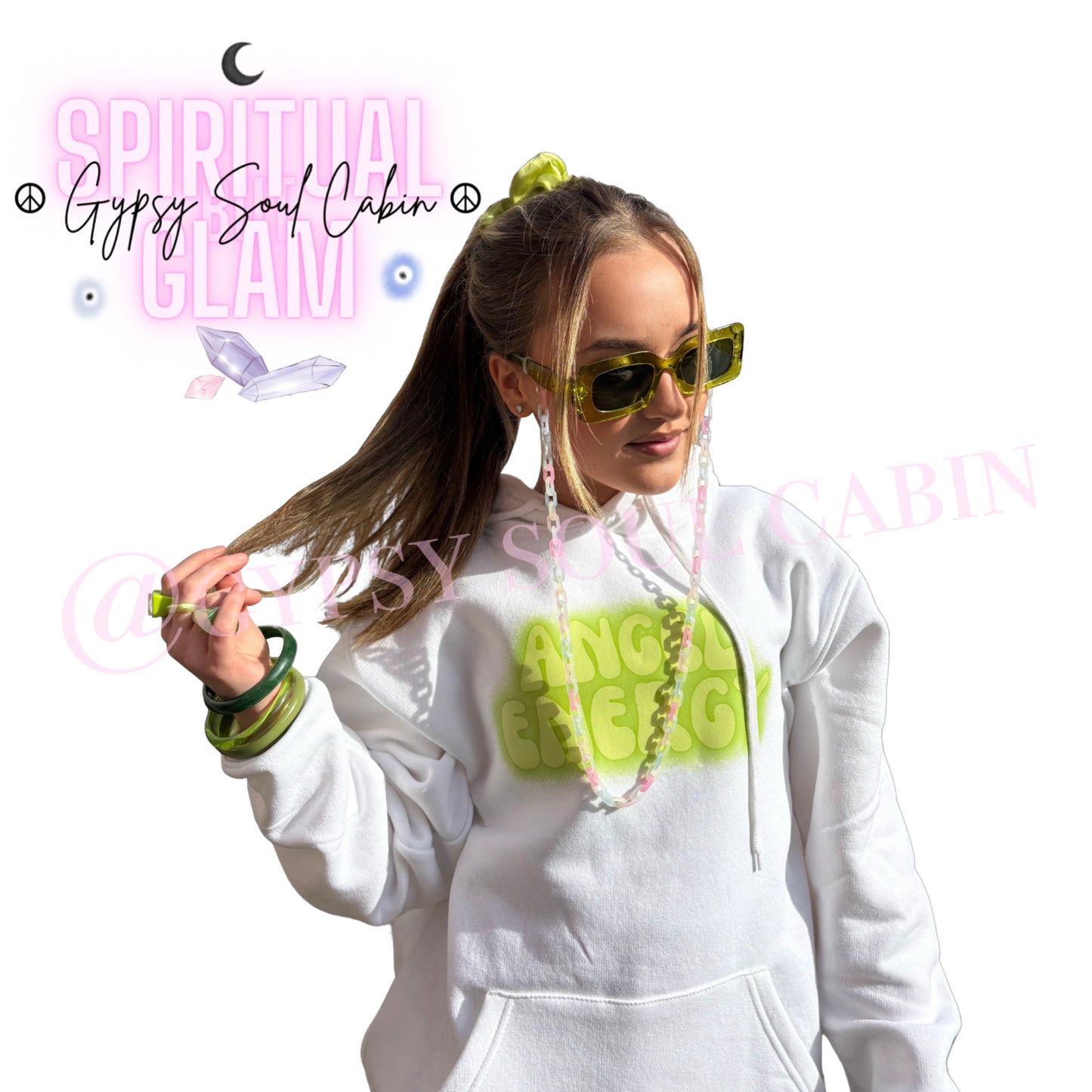 Angel Energy White Quisha Green Front Pocket Girls, Women’s Oversized Hoodie