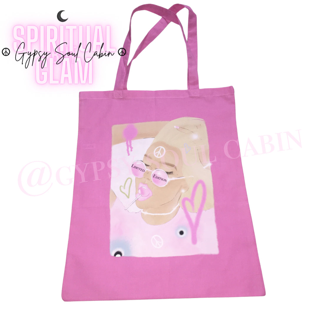 Evil Eye, Love, Peace Limited Edition Girl Art Pink Tote Bag