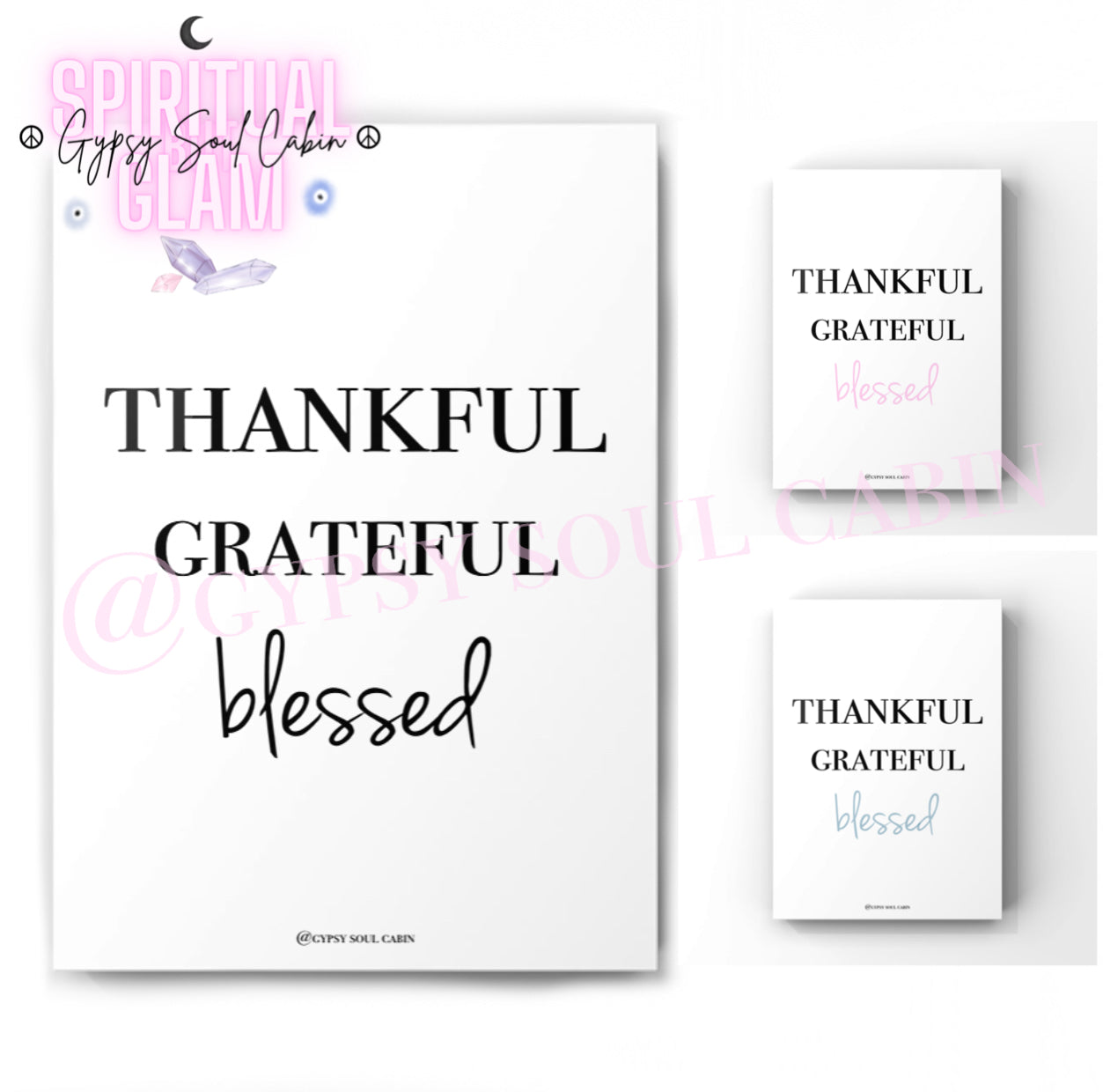 Thankful Grateful Blessed Black Pink Blue & White Quote Prints