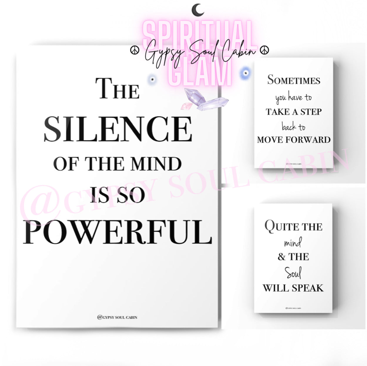 Silence The Mind, Powerful, Step Back, Move Forward A4 Black & White Quote Prints