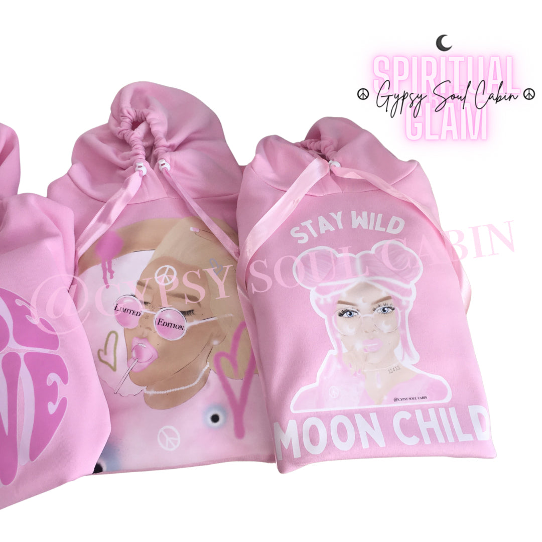 Stay Wild Moon Child Girl Art Pink Scrunched Sleeve Hoodie