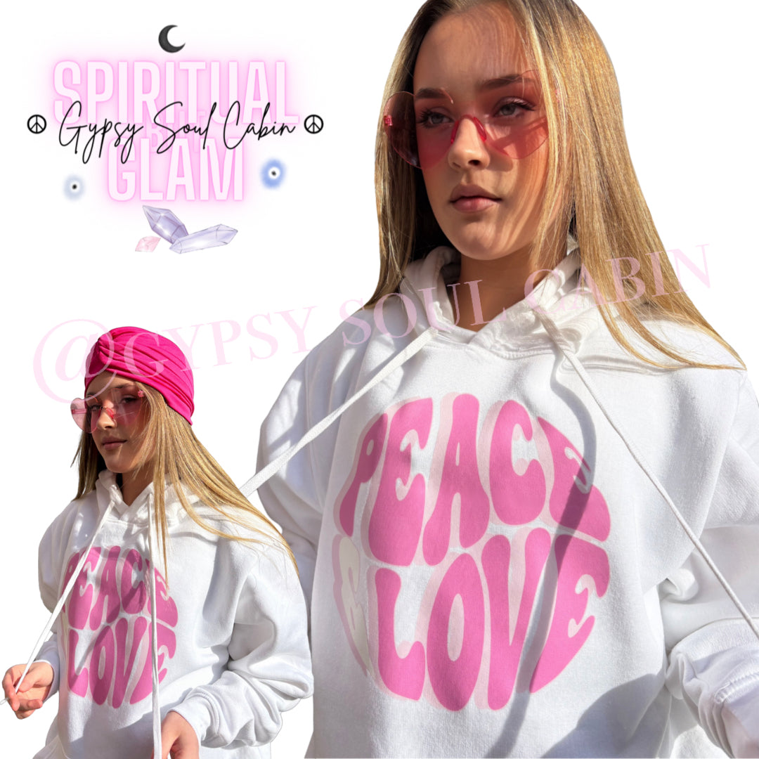 Peace & Love White Oversized Front Pocket Hoodie