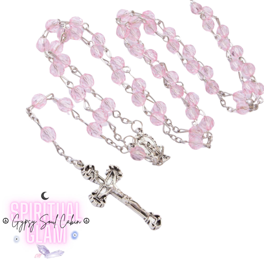 Pink Crystal Rosary Beads Holy Cross & Mary Charm Necklace Charm
