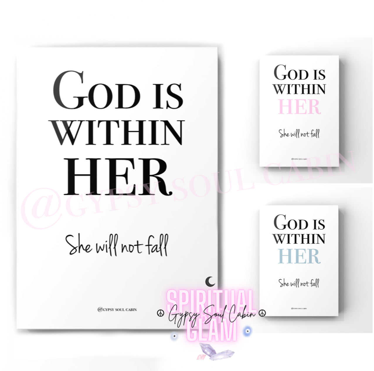 God Is Within Her She Will Not Fall Black & White, Pink, Blue A4 Prints