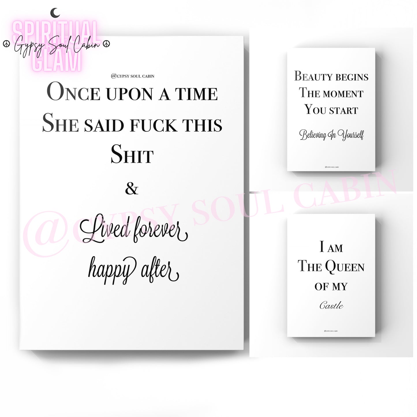 Queen Of My Castle, Beauty Begins, She Said A4 Black & White Quote Prints