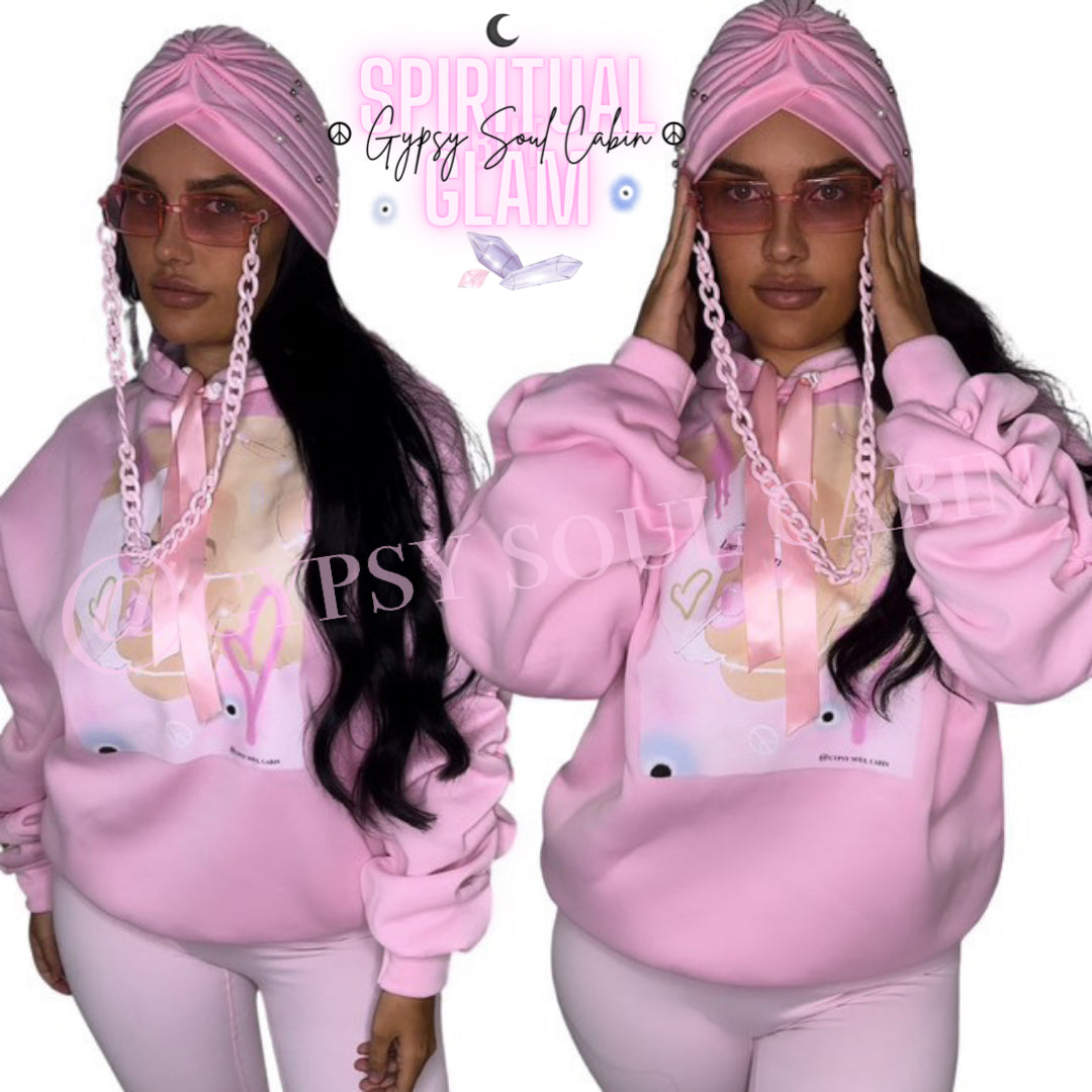 Limited Edition Spiritual Girl Art Pink Scrunched Armed Hoodie