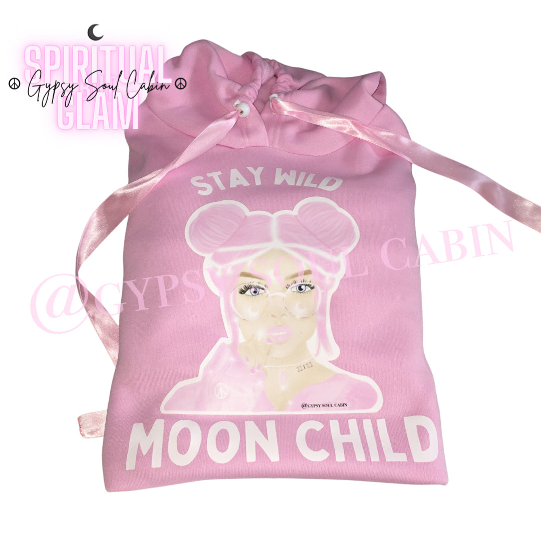 Stay Wild Moon Child Girl Art Pink Scrunched Sleeve Hoodie