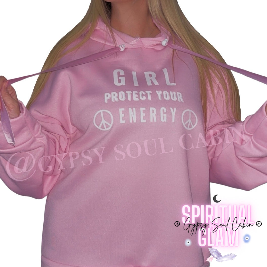 Pink Girl Protect Your Energy Scrunched Sleeve Hoodie