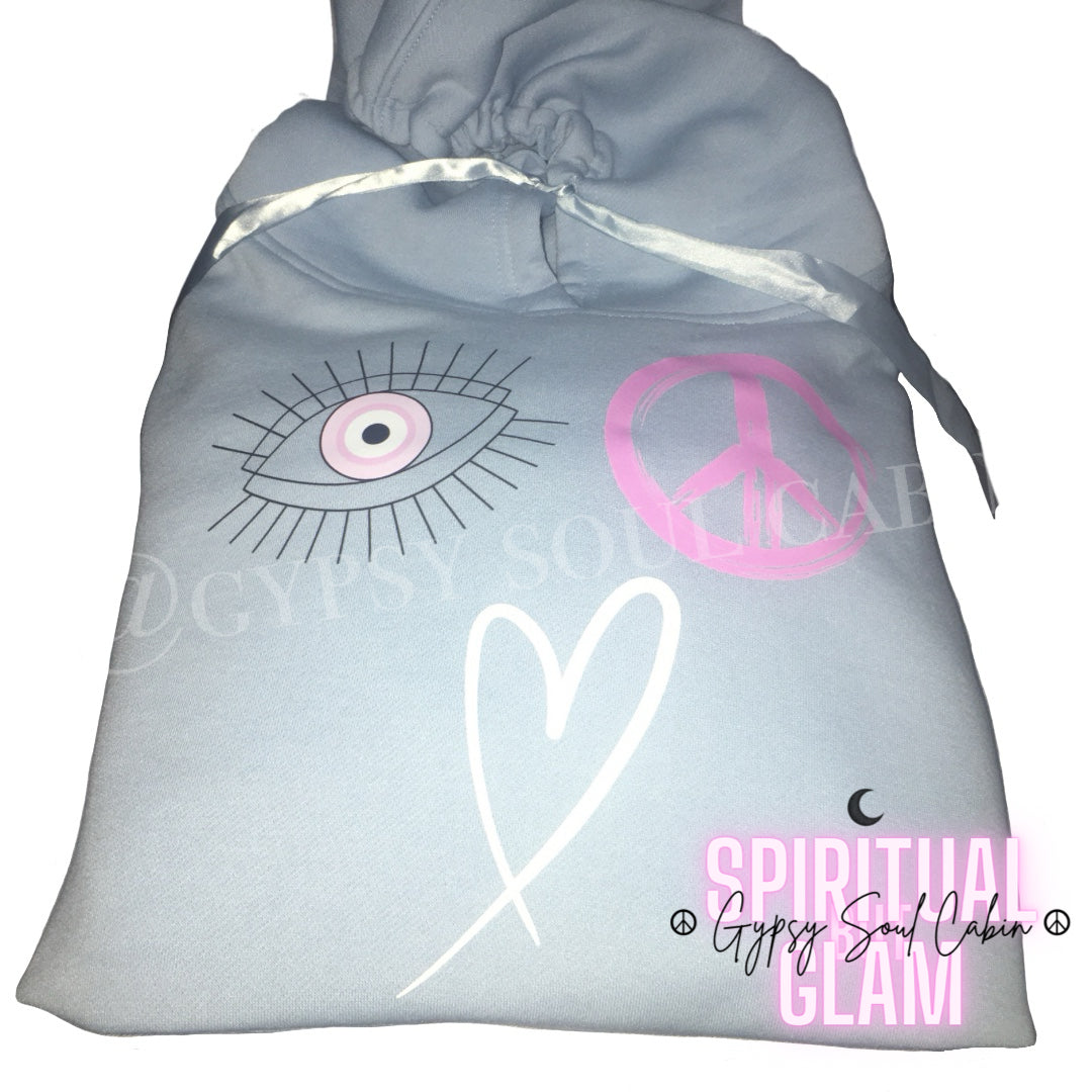 Peace, Love & Evil Eye Scrunched Sleeve Hoodie