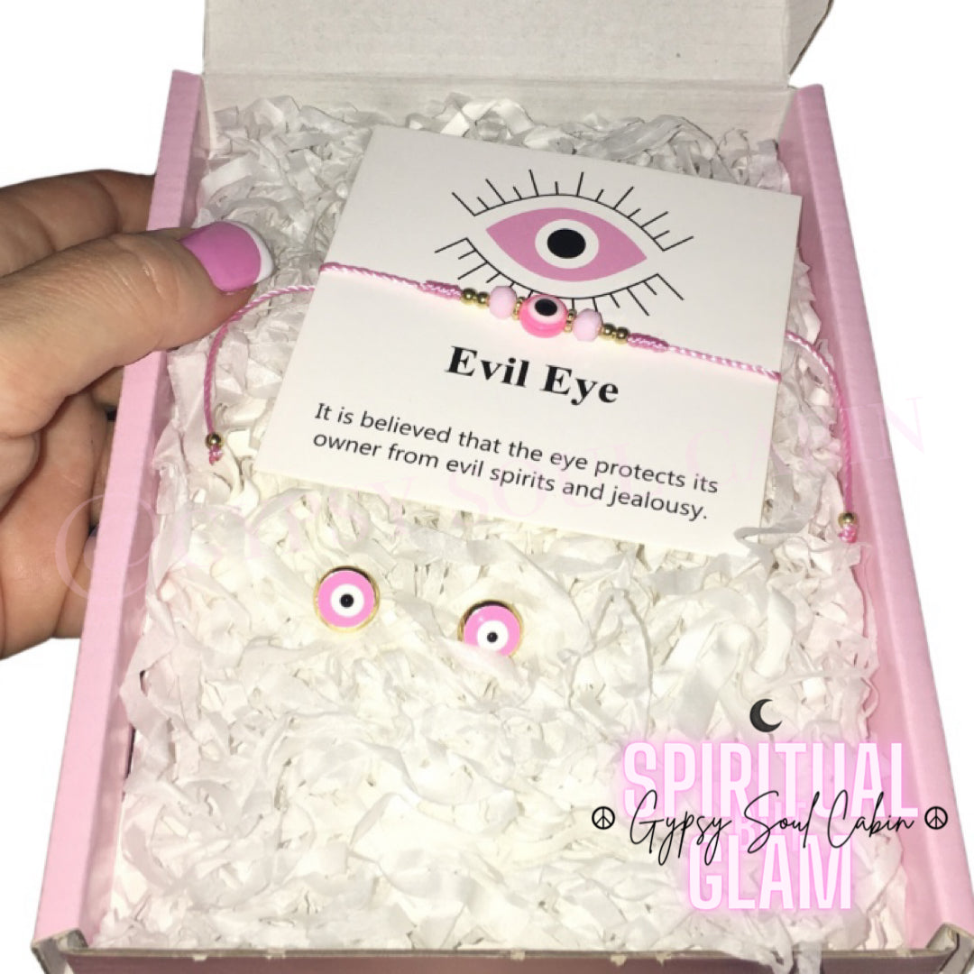 Pink Evil Eye Pull String Bracelet & Earrings