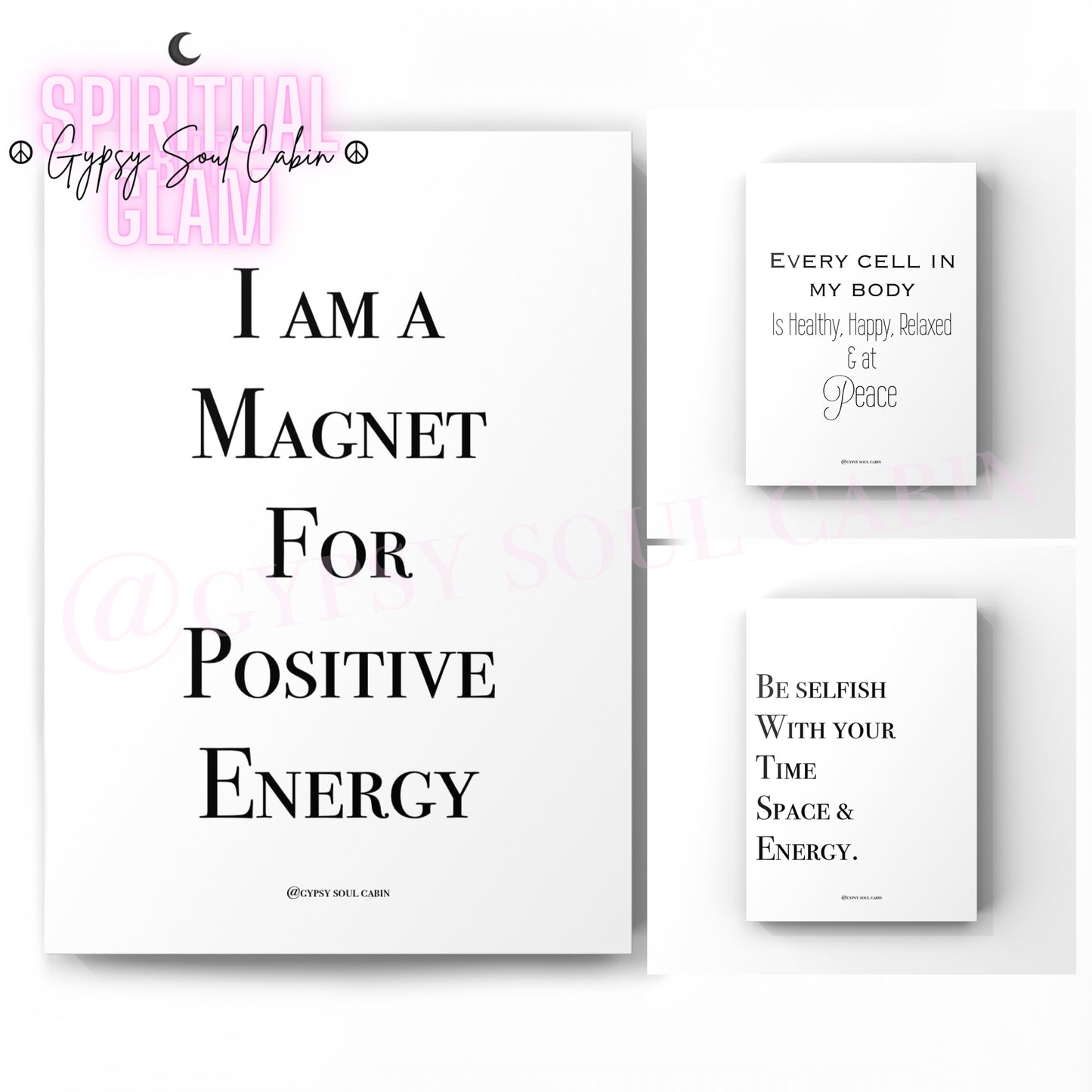 I Am A Magnet For Positive Energy, Healthy, Happy, Relaxed A4 Black & White Quote Prints