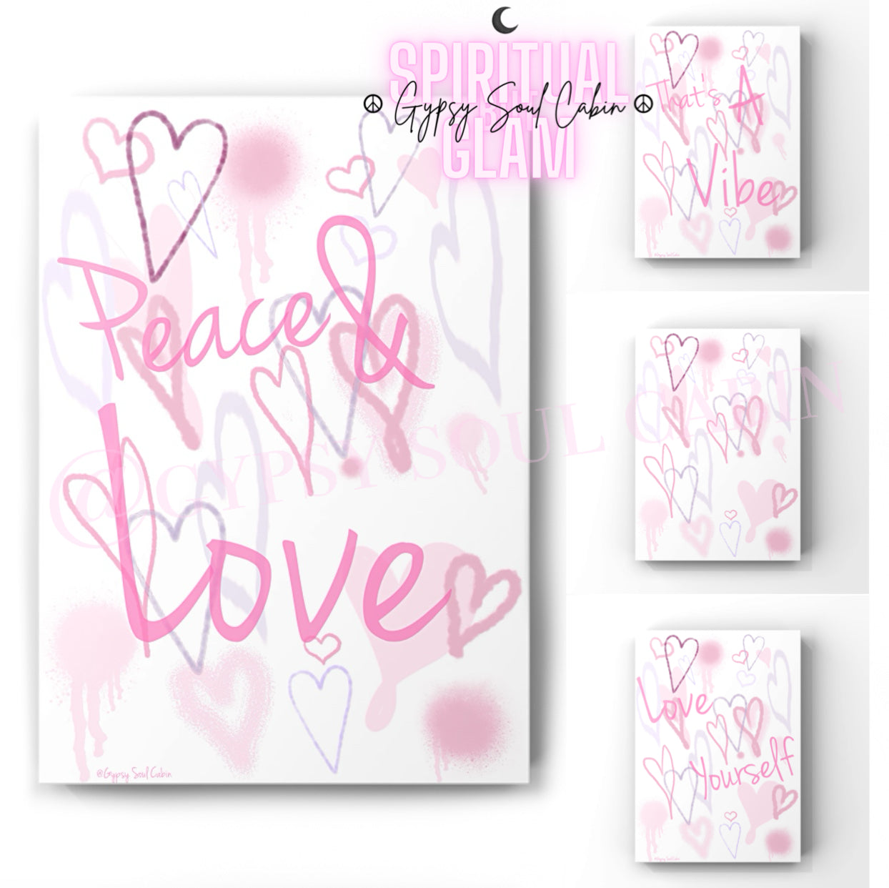 Peace & Love, That’s A Vibe, Love Yourself Graffiti Pink & Purple Hearts Prints