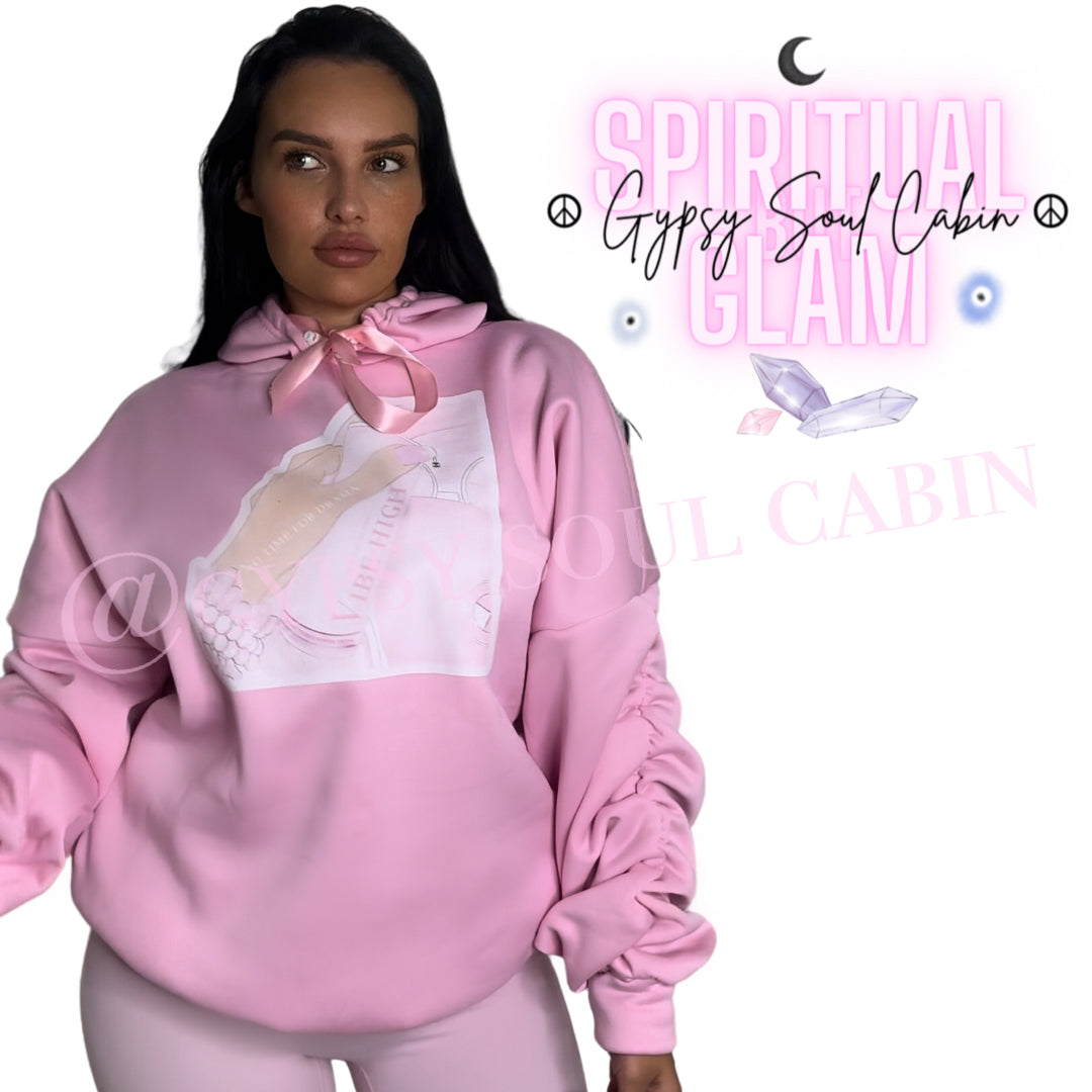 No Time For Drama Art Pink Scrunched Armed Pullover Hoodie