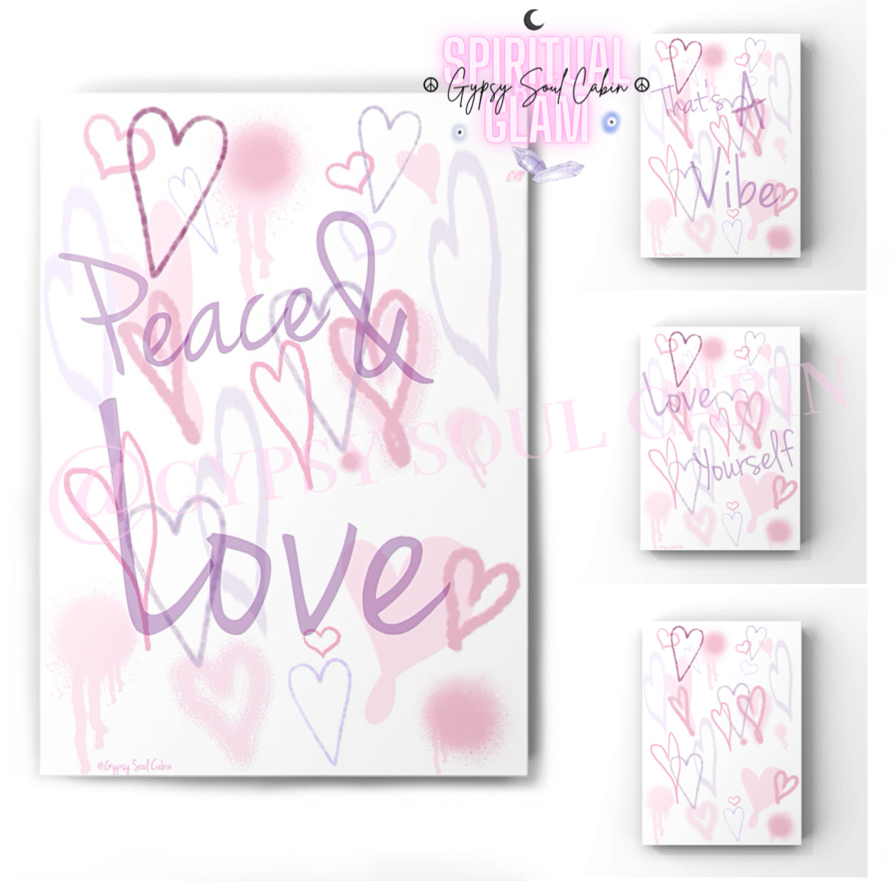 Peace & Love, That’s A Vibe, Love Yourself Graffiti Purple & Pink Hearts Prints