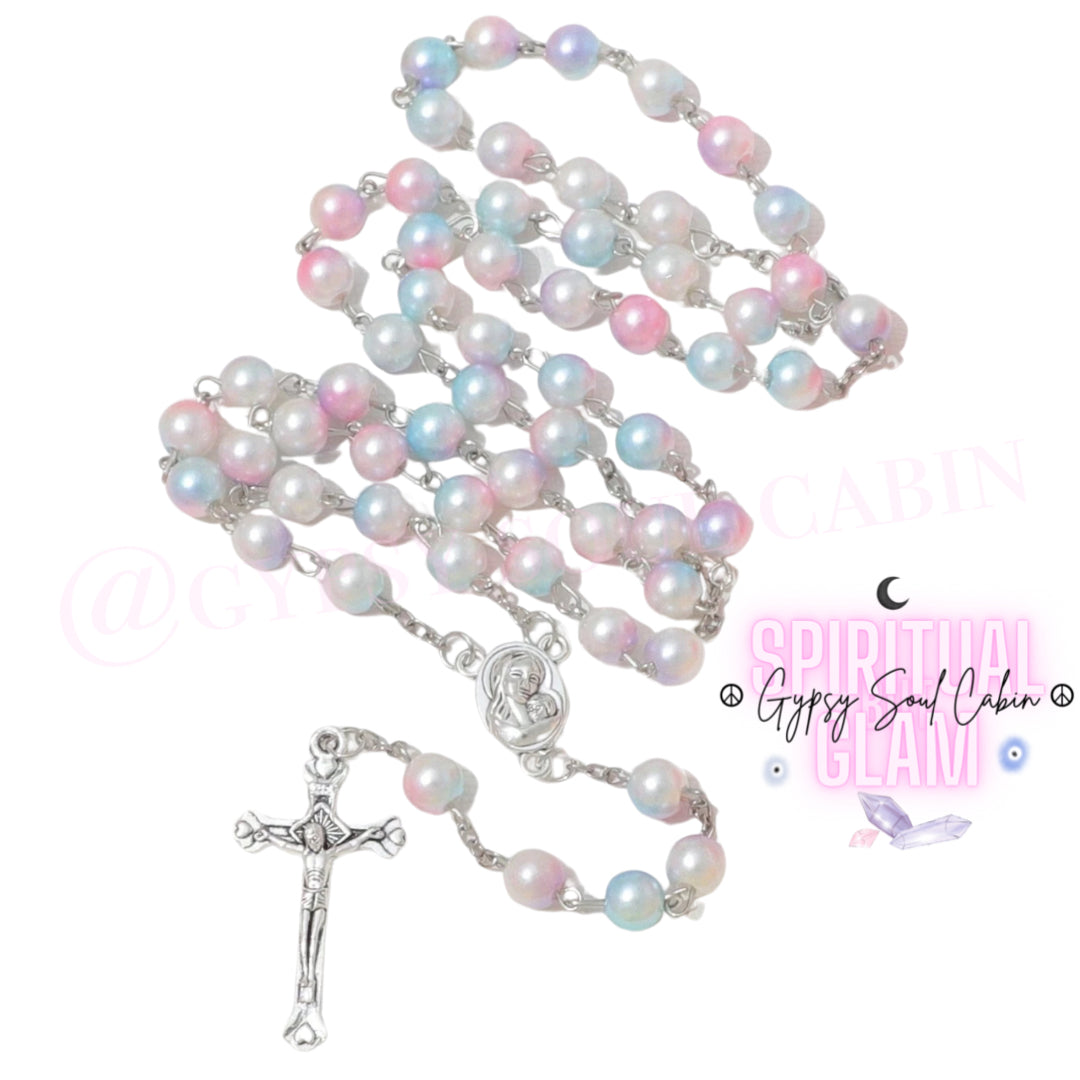 Pastel Pink, Blue, White Pearls Rosary Beads Holy Cross & Mary Charm Necklace Charm