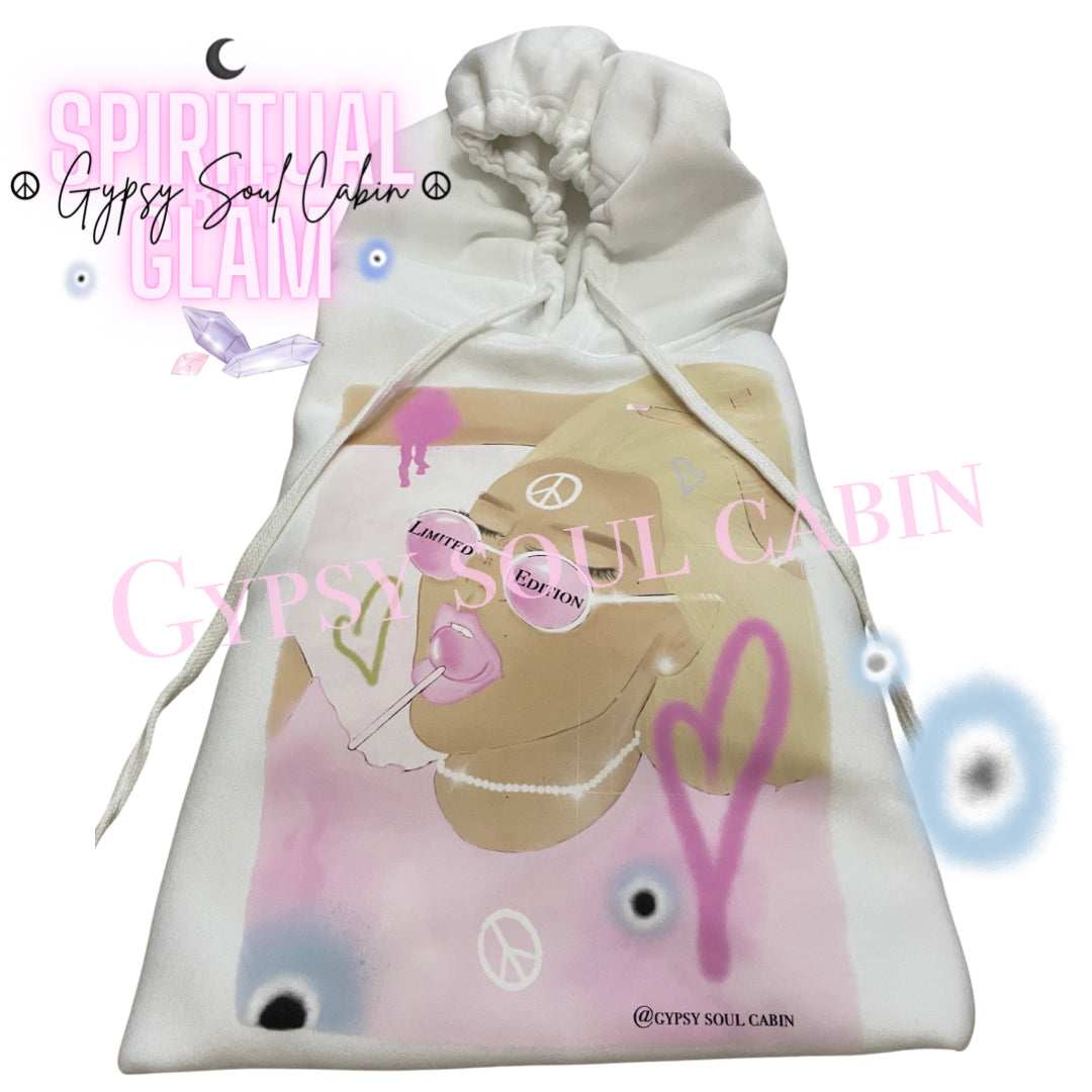 Limited Edition Spiritual Evil Eye Girl Art White Oversized Hoodie With Front Pocket