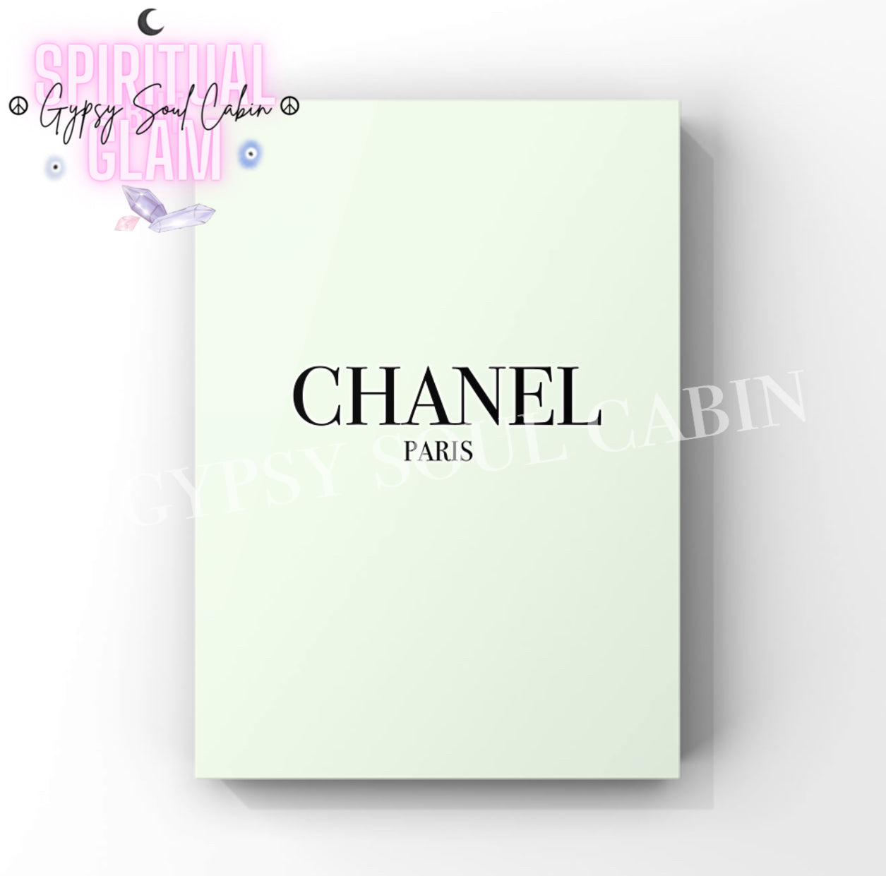 Elegant Chanel minimalist fashion art print in A4 size and pastel green colour with black writing.