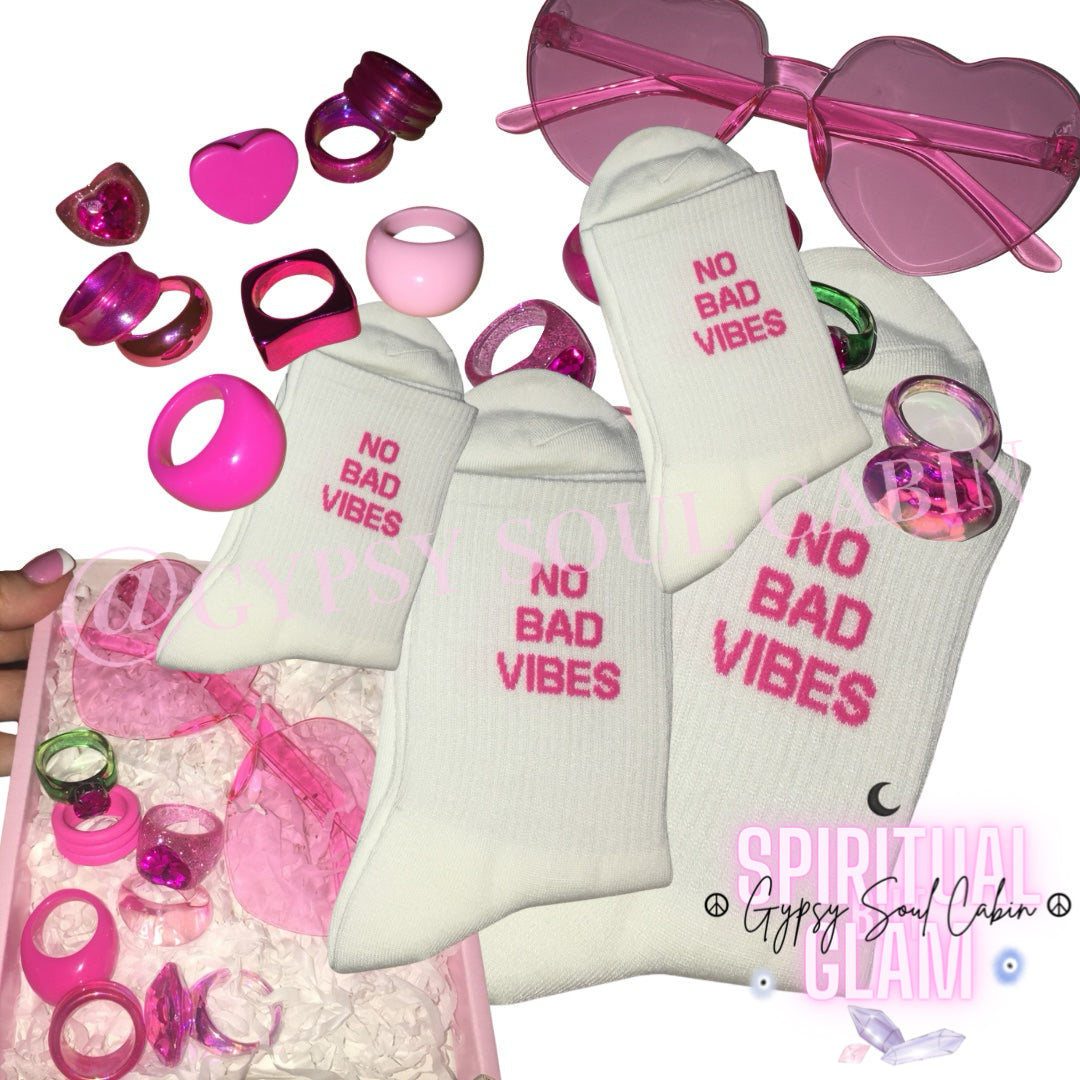 No Bad Vibes White & Pink Socks
