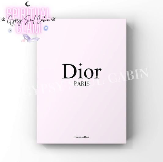 Elegant Dior Paris minimalist art print in pastel pink with black text, perfect for stylish wall decor.