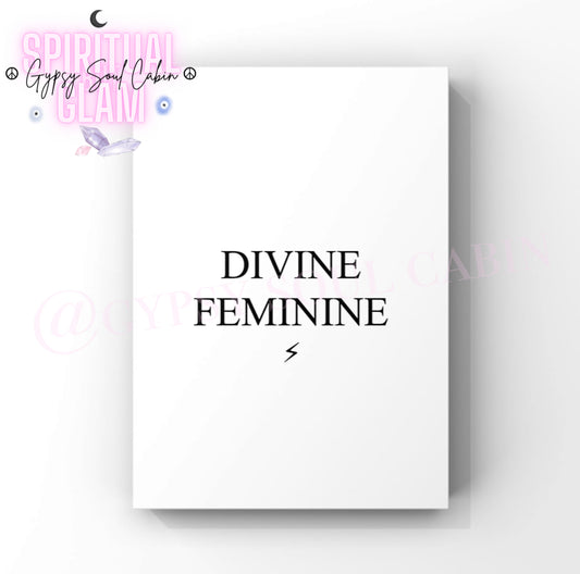 Black and white A4 wall print with the words 'DIVINE FEMININE' in bold uppercase letters, minimalist design for feminine empowerment and inspirational decor