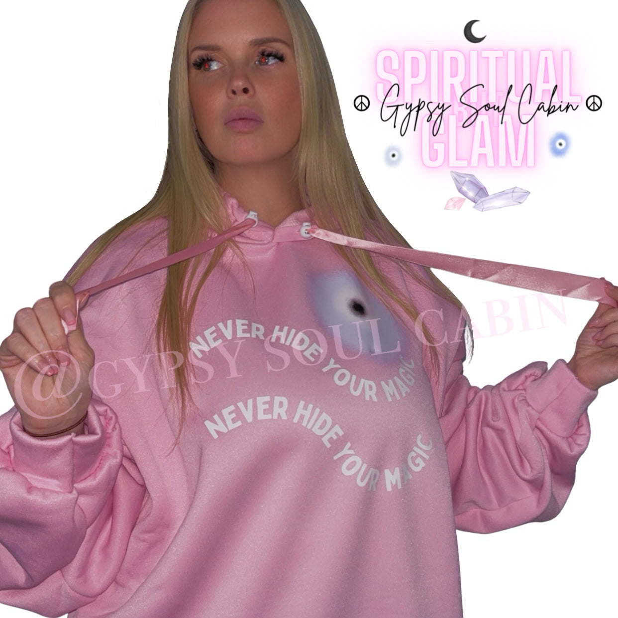 Never Hide Your Magic Evil Eye Pink Scrunched Sleeve Hoodie