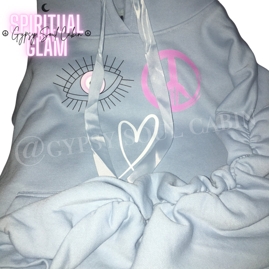 Peace, Love & Evil Eye Scrunched Sleeve Hoodie