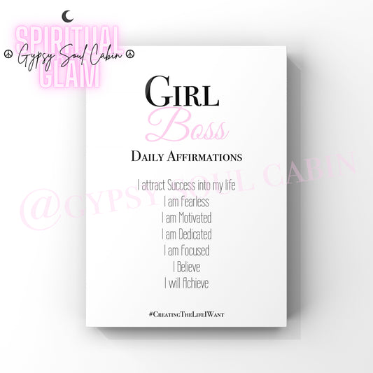 A4 wall print with "Girl Boss" in bold black and pink cursive fonts, featuring daily affirmations for confidence and success.