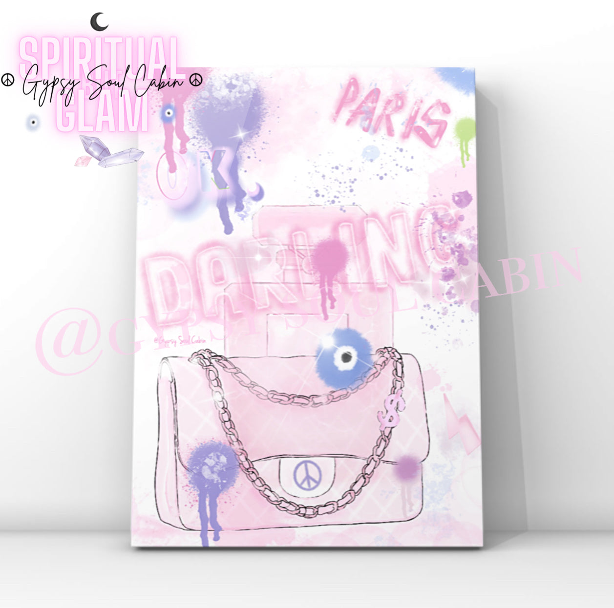 Pink and white fashion art print featuring a handbag with a chain strap, surrounded by pink graffiti-style text including 'Paris' and 'Darling’.