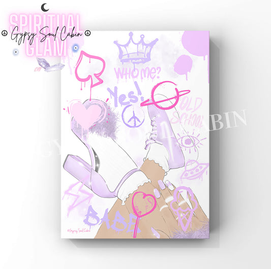 Colourful graffiti-inspired fashion illustrations featuring hands, shoes, and various street art elements in pastel pink, purple, and with words like 'Vogue', 'Baby', and phrases such as 'Who me?', 'Yes!', and 'Old School'.