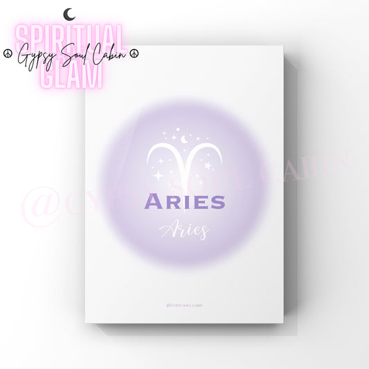 Minimalist A4 astrology wall art print featuring a blurry purple aura circle gradient with the word Aries and its astrological ram symbol in clean white text.