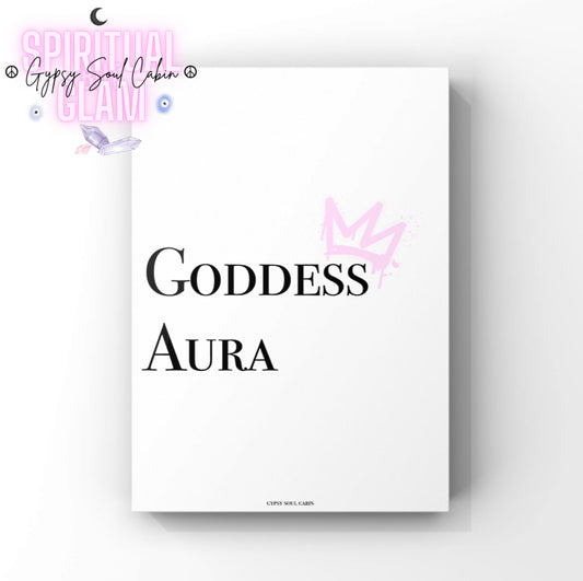Feminine energy wall art print, featuring a clean white background, a faint pink crown graphic, and the words "Goddess Aura" in bold black lettering.