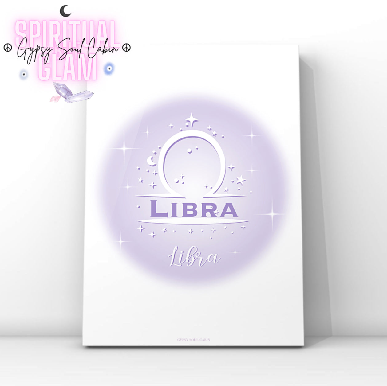 Minimalist aesthetic lavender aura print featuring the Libra zodiac scales glyph centred with celestial stars and Y2K sparkles.