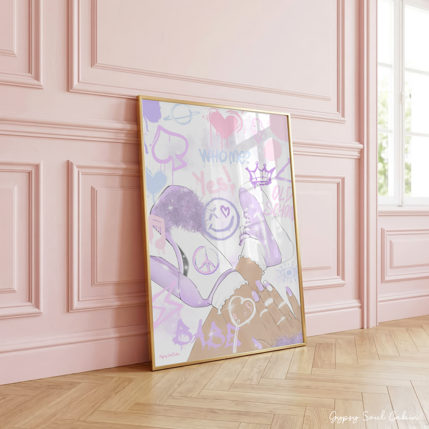 Illustrated lilac Y2K retro fashion graffiti print in a minimalist gallery layout leaning against a clean white wall.