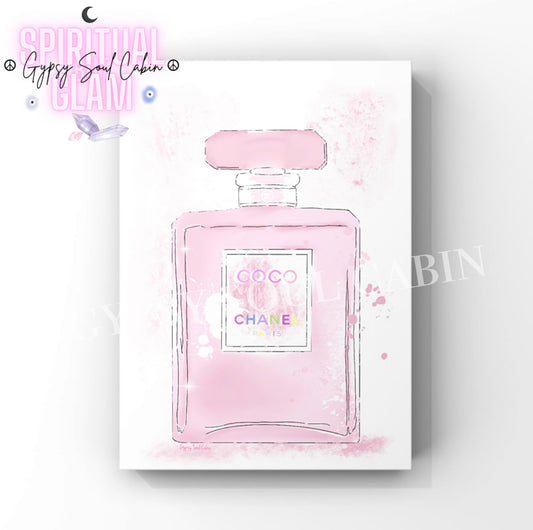 Four illustration A4 fashion prints featuring pink designer perfume bottles accented with chic watercolour splashes, graffiti hearts, and sparkling star details.
