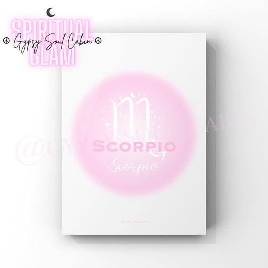 Minimalist A4 astrology wall art print featuring a blurry pink aura circle gradient with the word Scorpio and its astrological m-shaped scorpion symbol in clean white text.