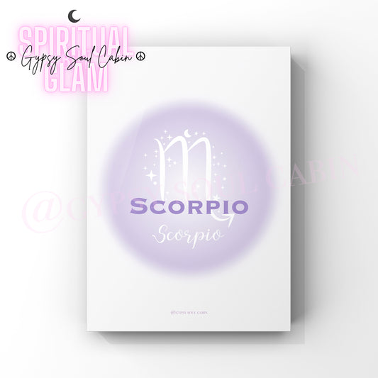 Minimalist A4 astrology wall art print featuring a blurry purple aura circle gradient with the word Scorpio and its astrological m-shaped scorpion symbol in clean white text.